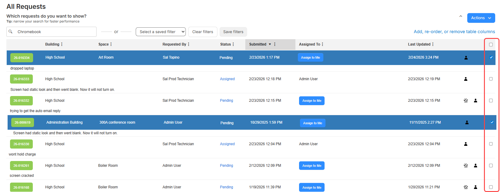 All requests page with checkboxes highlighted